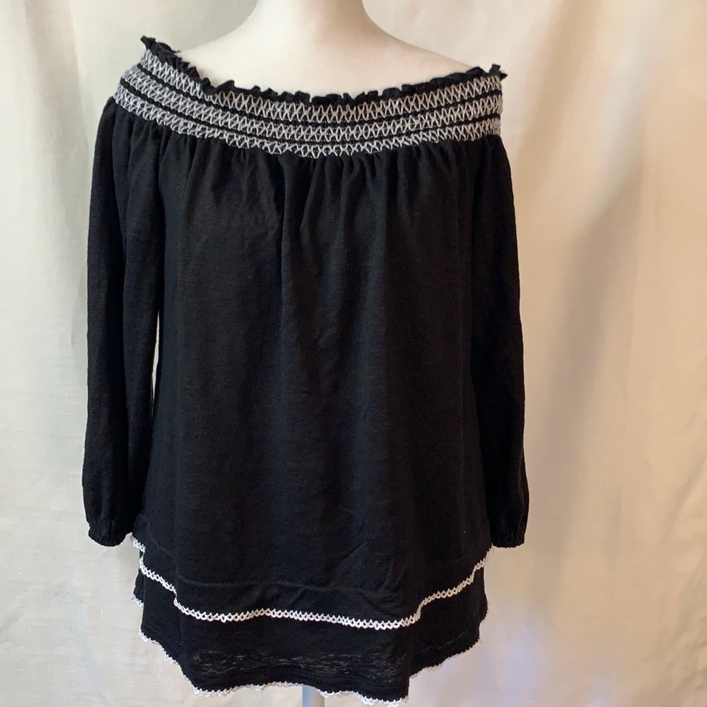 WHBM Black Off the Shoulder Top with White Embroidered Detail